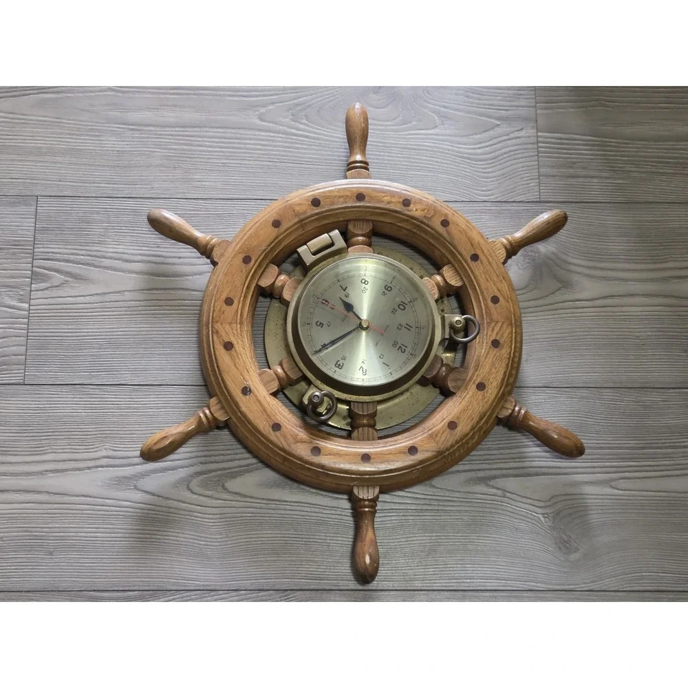 Vintage Brass & Wood Clock Ship's Time Walnut Wheel 18